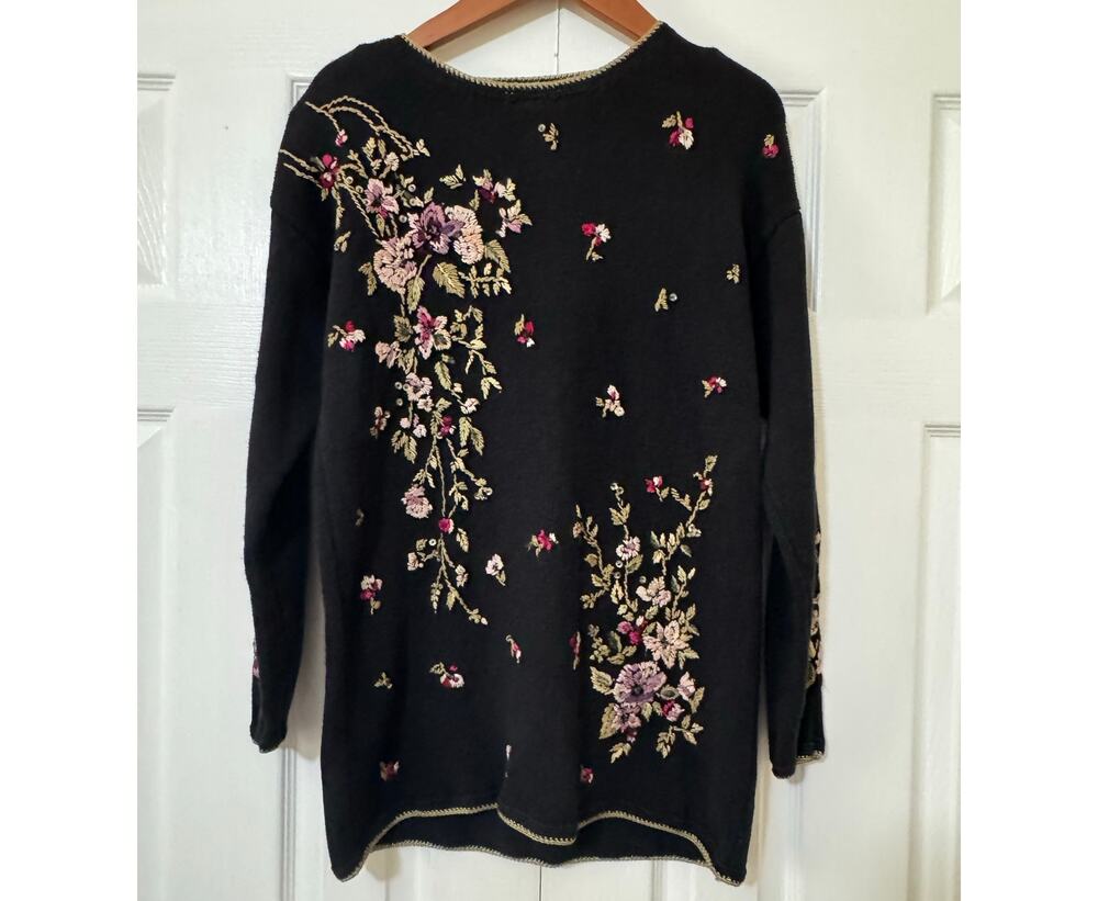Vtg Heirloom Collectibles Embroidered Floral Sweater Granny Medium Cottagecore
